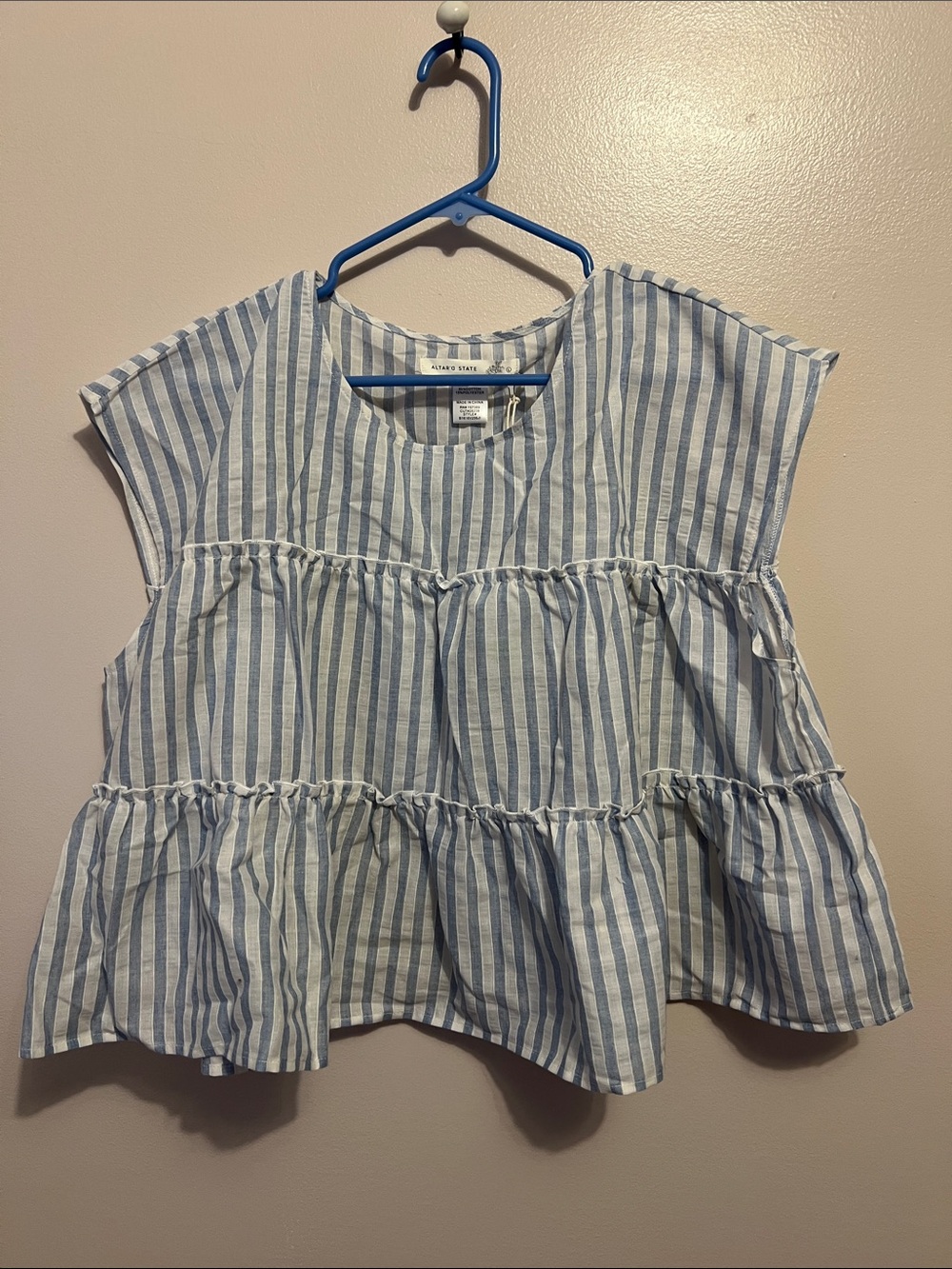 Altar'd State Blue and White Striped Sleeveless Tiered Top